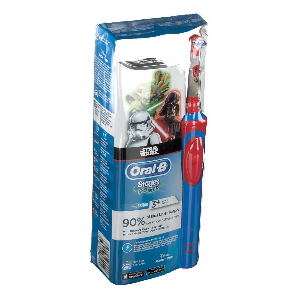 Zahnbürste Oral-B Stages Power Star Wars in Verpackung. Blau-roter Griff, Star Wars-Figuren. Verpackung mit Logo und Text.