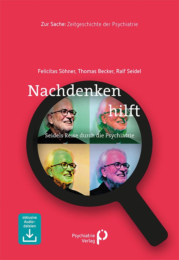 Buchcover: "Nachdenken hilft". Titel in weißer Schrift, darunter ein Mann in einer Lupe. Autoren und Verlag sind sichtbar.