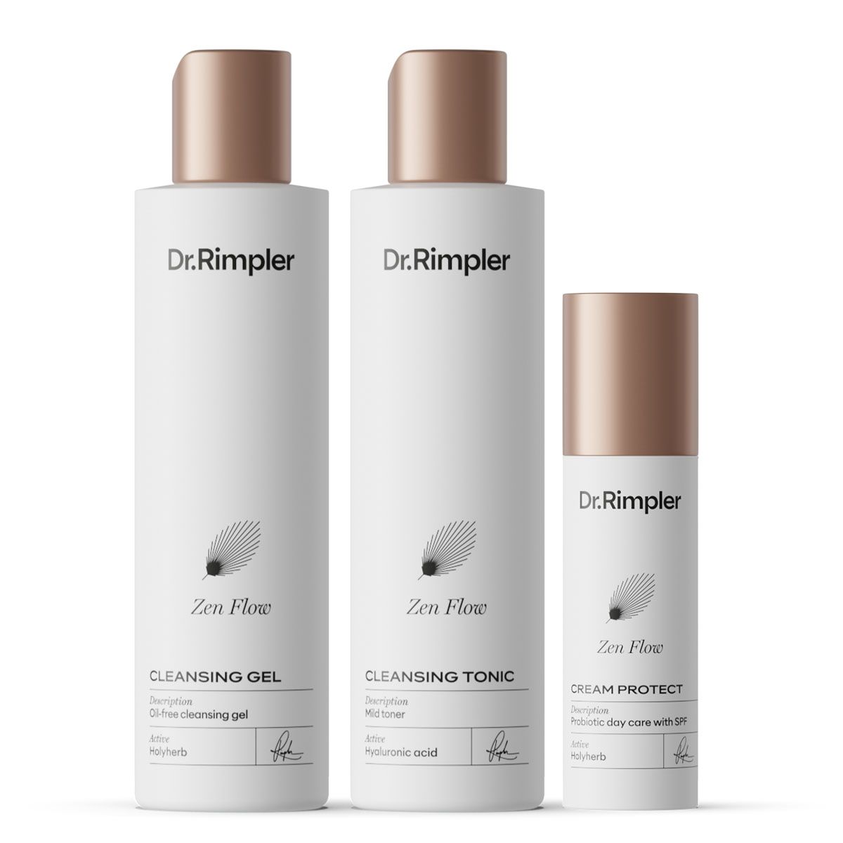 Dr. Rimpler Zen Flow Cleansing Gel, Cleansing Tonic und Cream Protect.