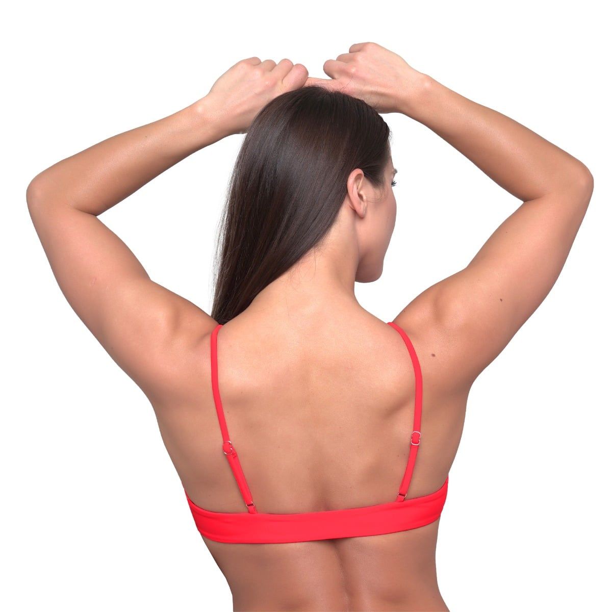 Rückansicht eines roten Bikini-Oberteils mit schmalen, verstellbaren Trägern.