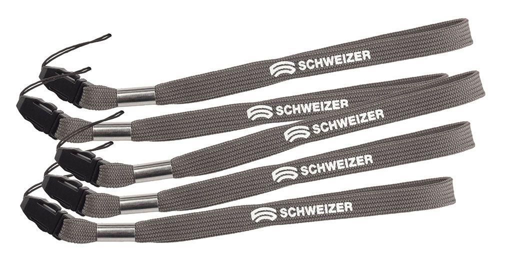 Fünf graue Handgelenkschlaufen mit dem Schriftzug SCHWEIZER. Jede Schlaufe hat einen schwarzen Verschluss und eine Kordel.