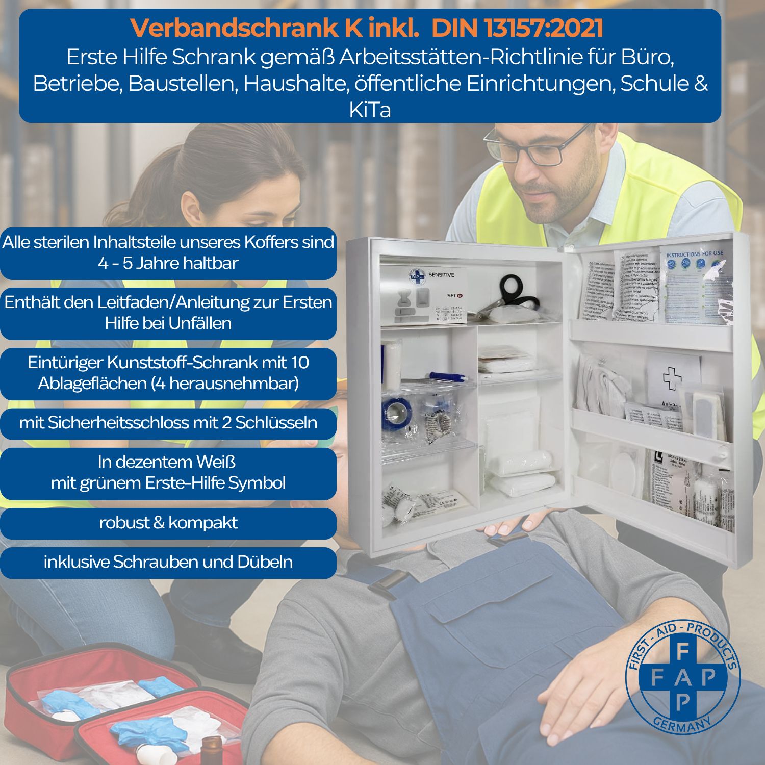Geöffneter weißer Verbandschrank mit Inhalt. Enthält Verbandsmaterial und Zubehör. Mit Sicherheitsverschluss.