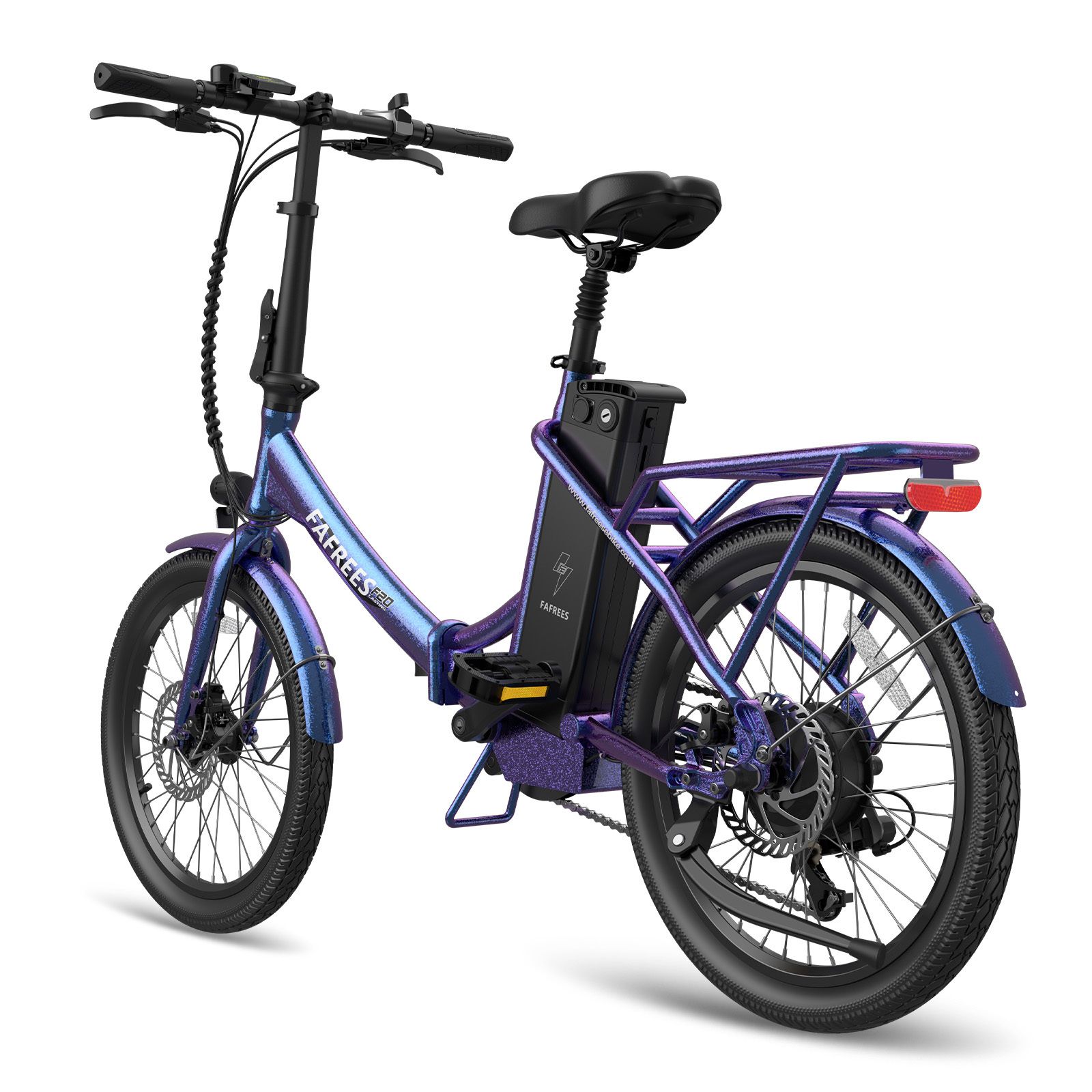 Blau-violettes Elektrofahrrad mit schwarzem Sattel und Gepäckträger. Marke FAFREES.