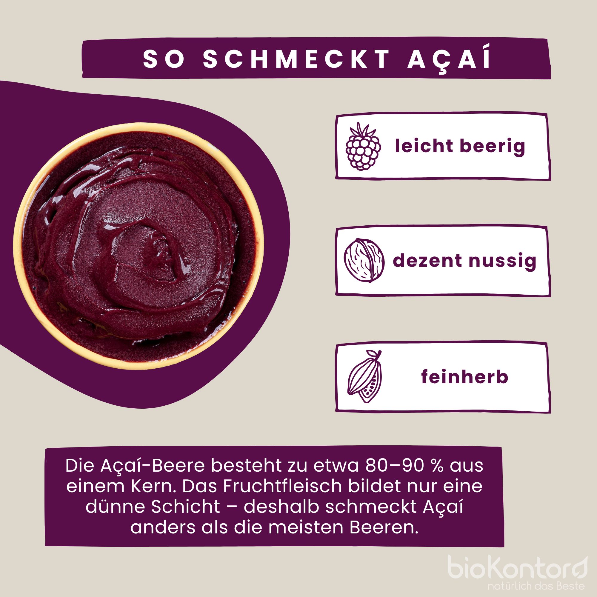 Açai-Creme mit Beeren-, Nuss- und Kakao-Aromen, aus gefriergetrocknetem Açai-Pulver.