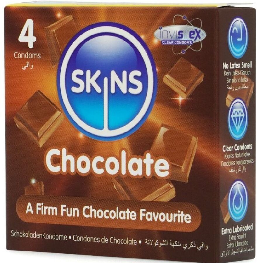 Verpackung mit vier Kondomen. Aufschrift: SKINS Chocolate. Abbildung von Schokoladenstücken. Text: A Firm Fun Chocolate Favourite.