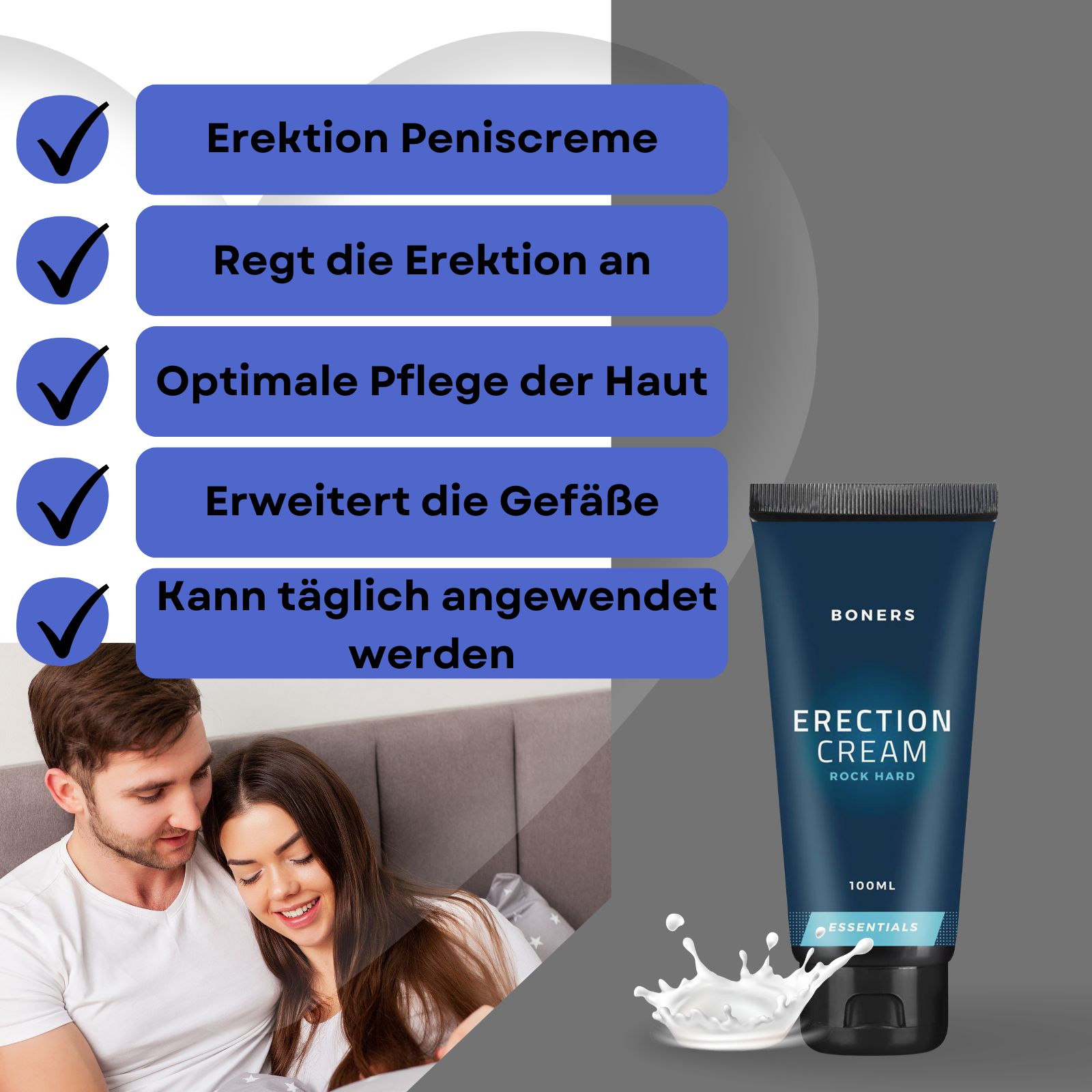 Erektionscreme, blaue Tube. Text: ERECTION CREAM, ROCK HARD, 100ml, ESSENTIALS. Mit Mann und Frau.