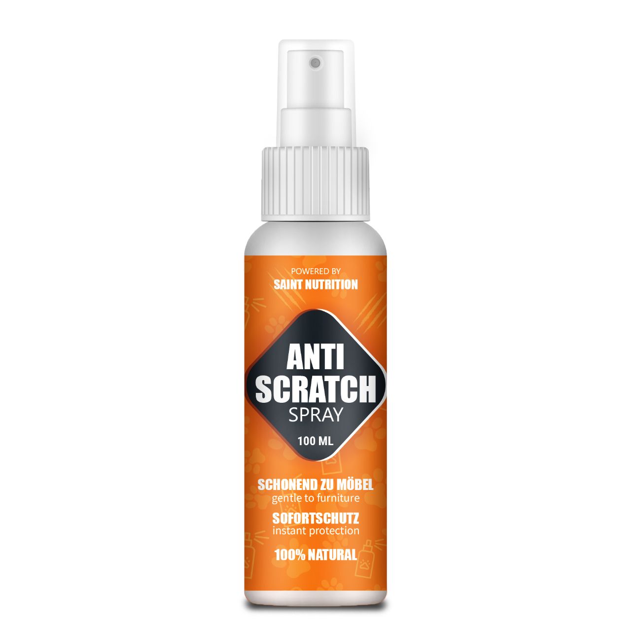 Weiße Sprühflasche mit orangefarbenem Etikett. Text: Anti Scratch Spray, 100 ml, 100% Natural. Marke: Saint Nutrition.