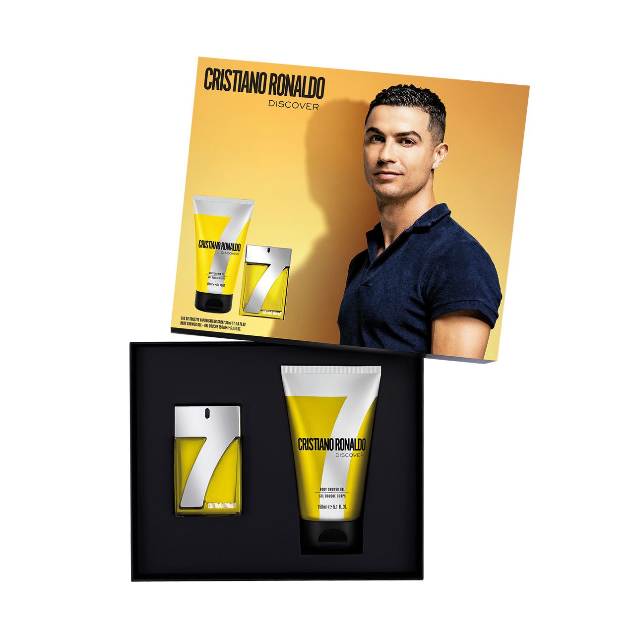 Geschenkset mit Eau de Toilette und Duschgel. Gelbe Flakons mit schwarzer Schrift. Box mit Porträt.