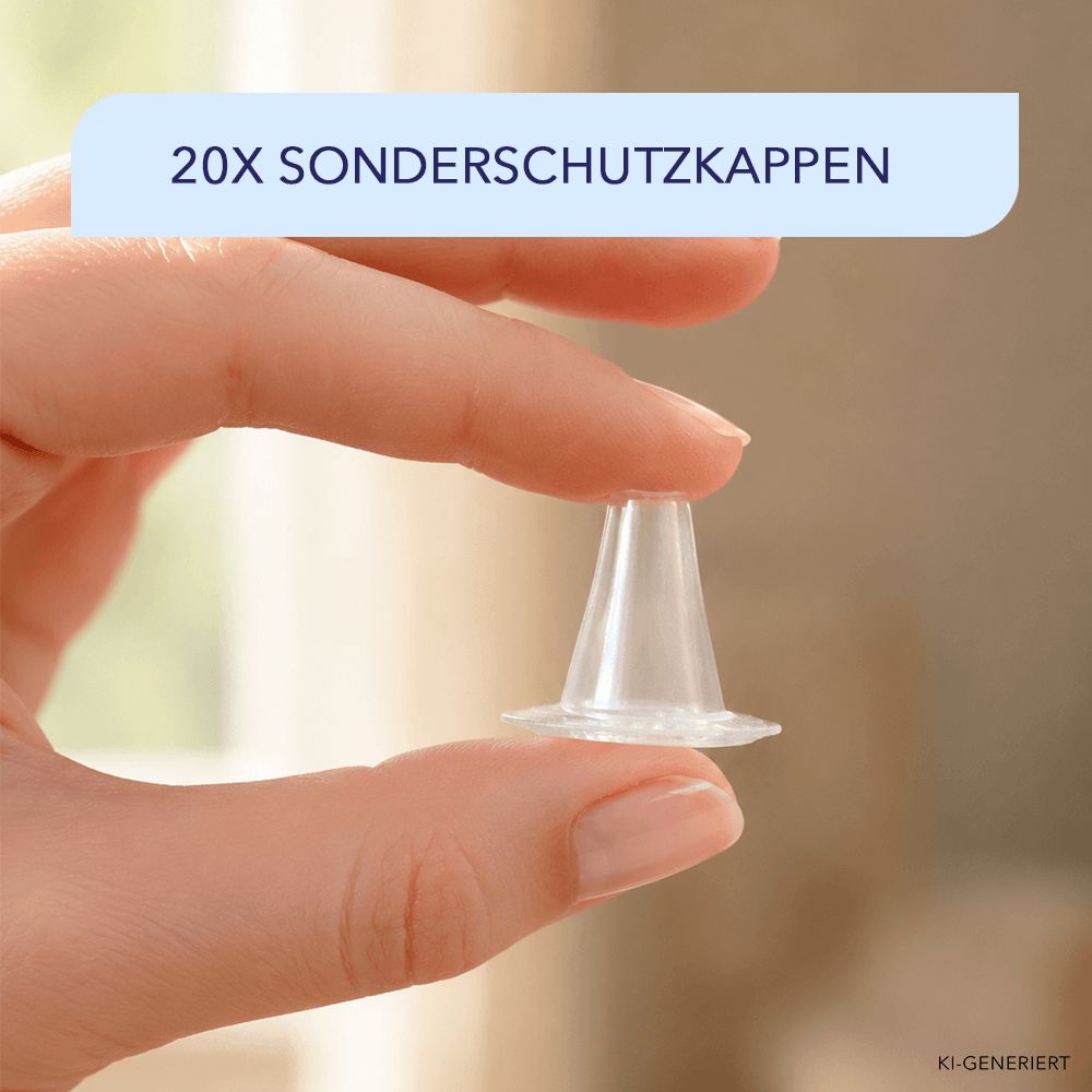 Hand hält eine transparente Einweg-Schutzkappe für ein Ohrthermometer.
