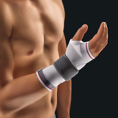 Handgelenkbandage am Handgelenk einer Person. Weiß mit grauen und roten Akzenten. Klettverschluss. Mesh-Material.