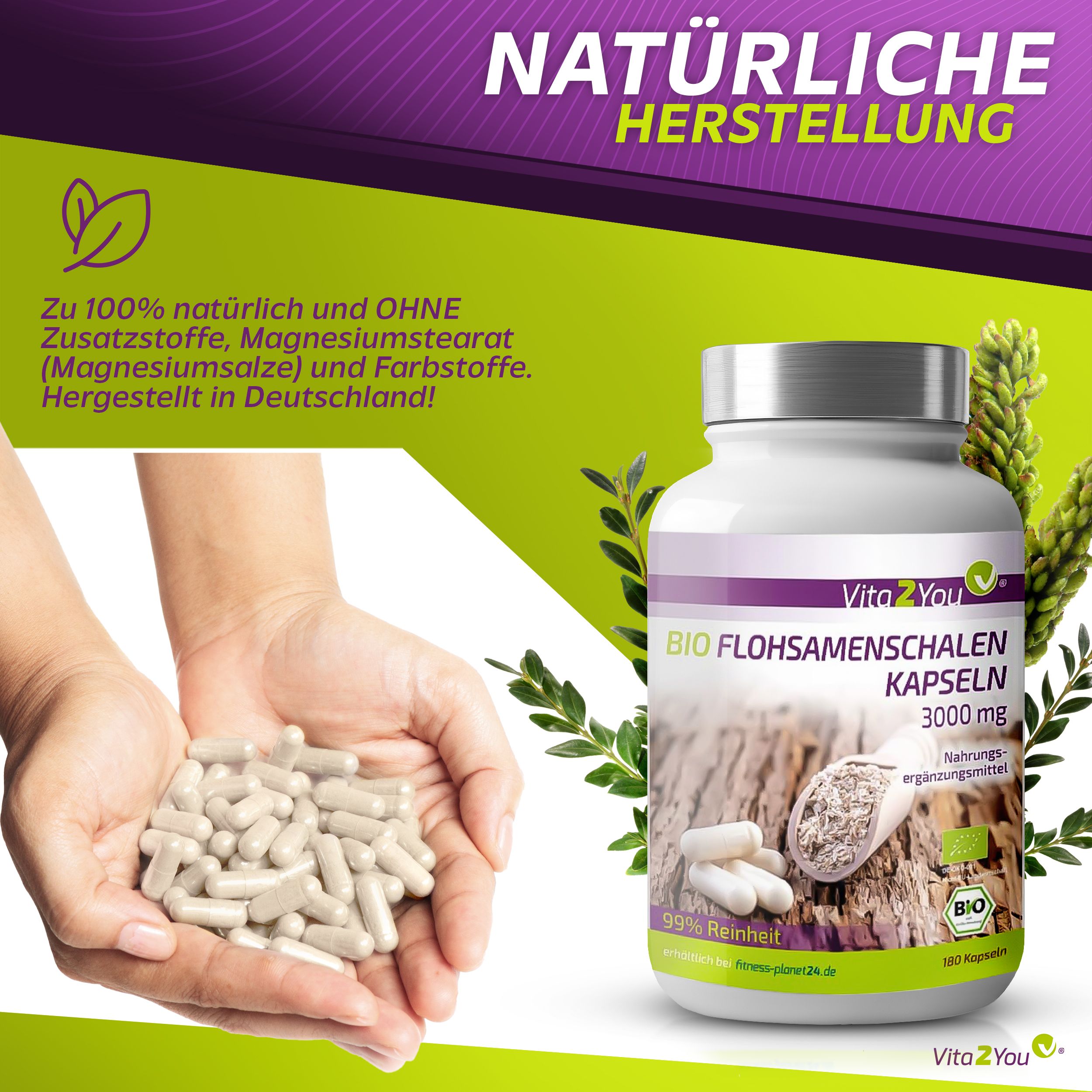 Hände halten Kapseln. Flasche mit Kapseln und Text: Vita2You Bio Flohsamenschalen Kapseln 3000 mg. Bio-Siegel. Natürliche Herstellung.