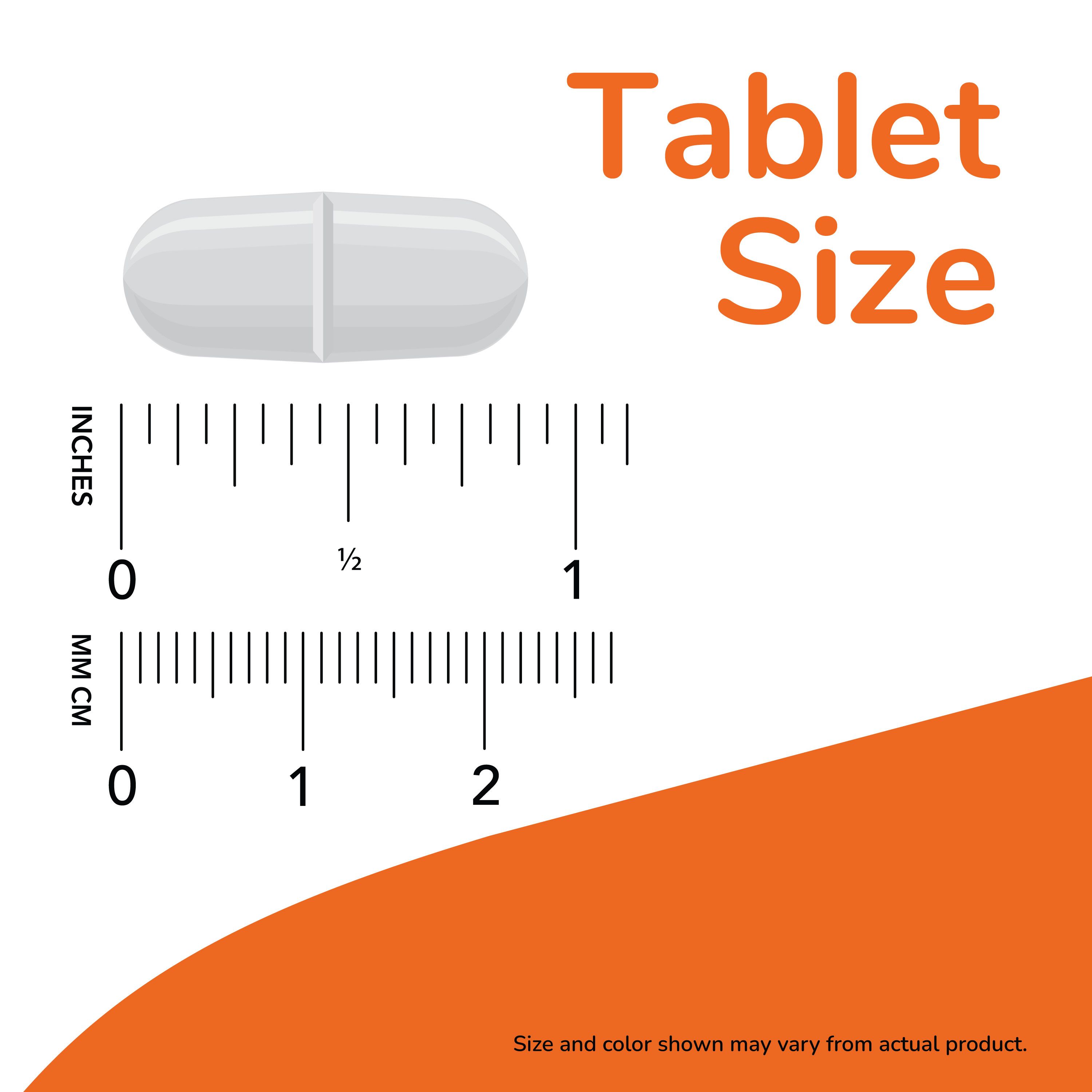 Größenvergleich einer Tablette mit einer Maßstabsleiste in Zoll und Zentimetern.