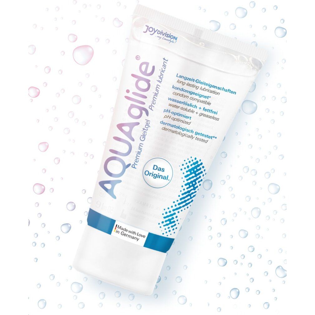 Aqua glide Gleitgel Tube, "Das Original", Made in Germany, mit Wassertropfen.
