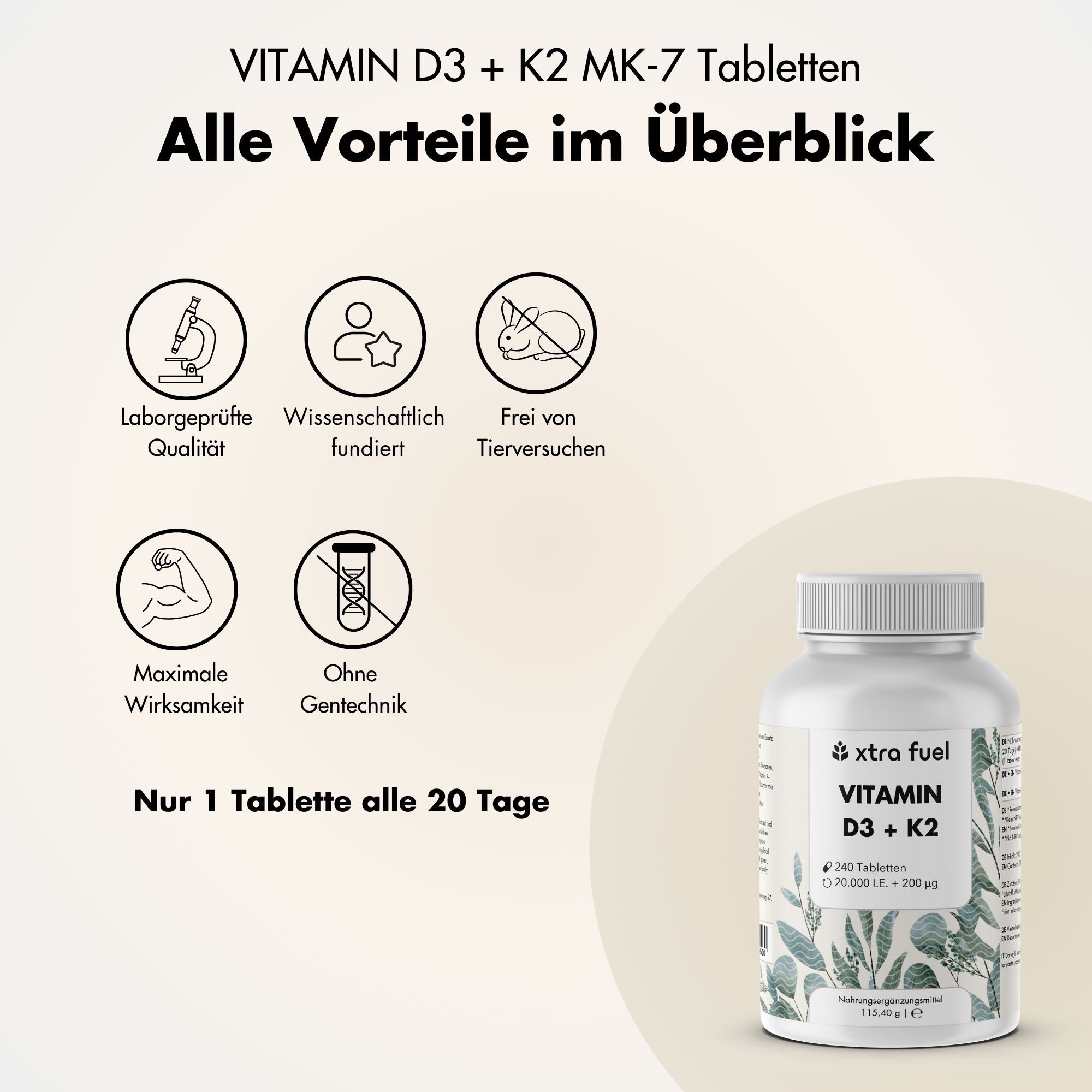 Flasche Vitamin D3 + K2. Vorteile: Laborgeprüft, wissenschaftlich fundiert, tierversuchsfrei, maximale Wirksamkeit, ohne Gentechnik.