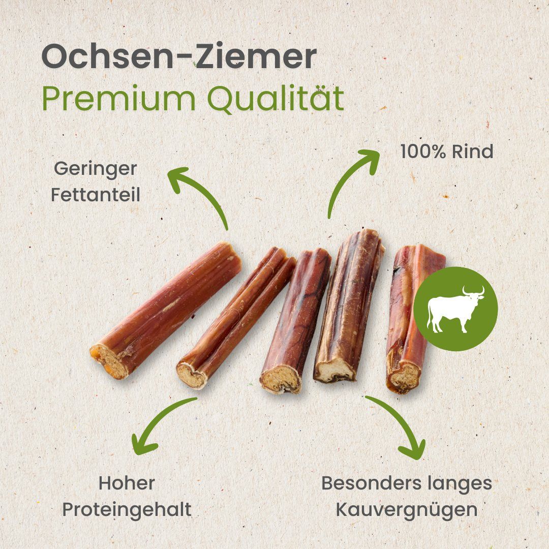 Ochsen-Ziemer: 100% Rind, geringer Fettanteil, hoher Proteingehalt, langes Kauvergnügen.