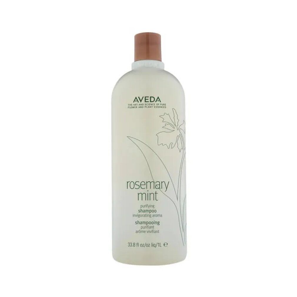 Aveda Shampoo-Flasche. Weißes, zylindrisches Design mit braunem Deckel. Aufschrift: Rosemary Mint, reinigendes Shampoo. Logo und floraler Aufdruck.