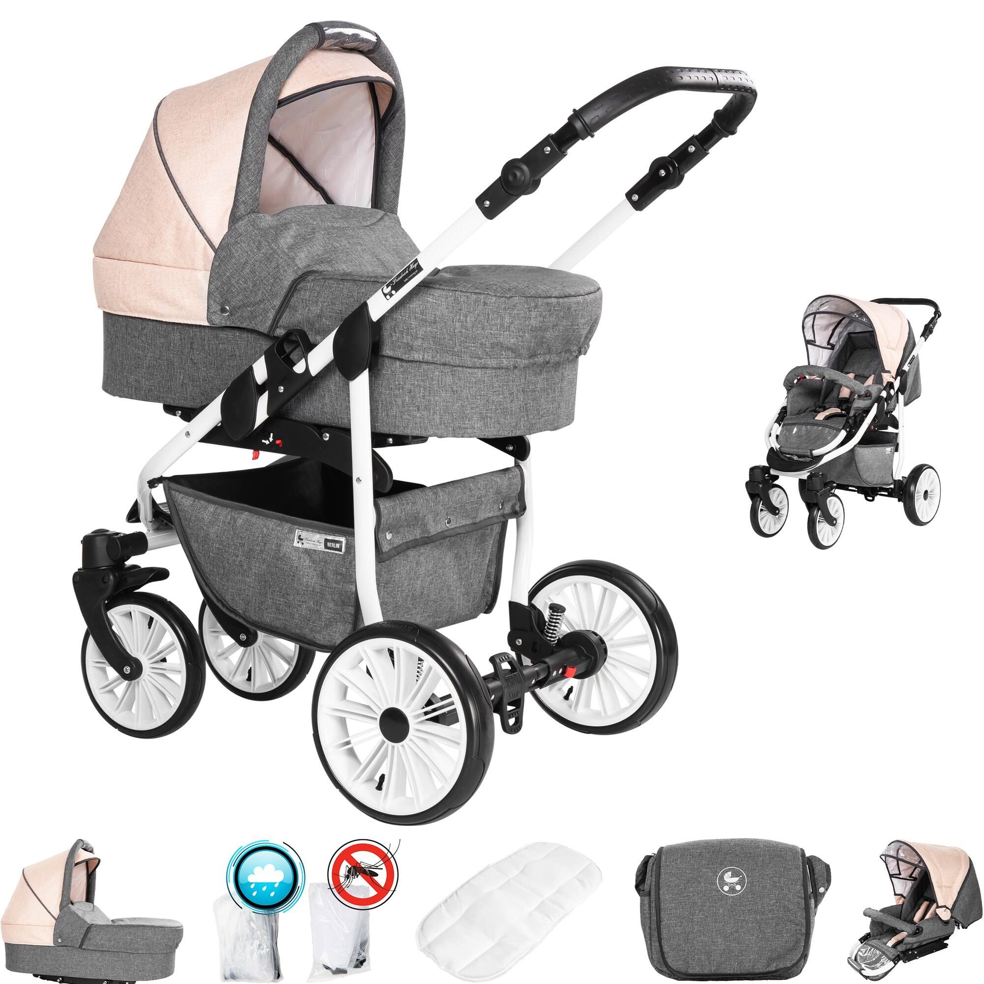 Friedrich Hugo Berlin 2 in 1 Kombikinderwagen GEL Reifen, Grey and Beige Day