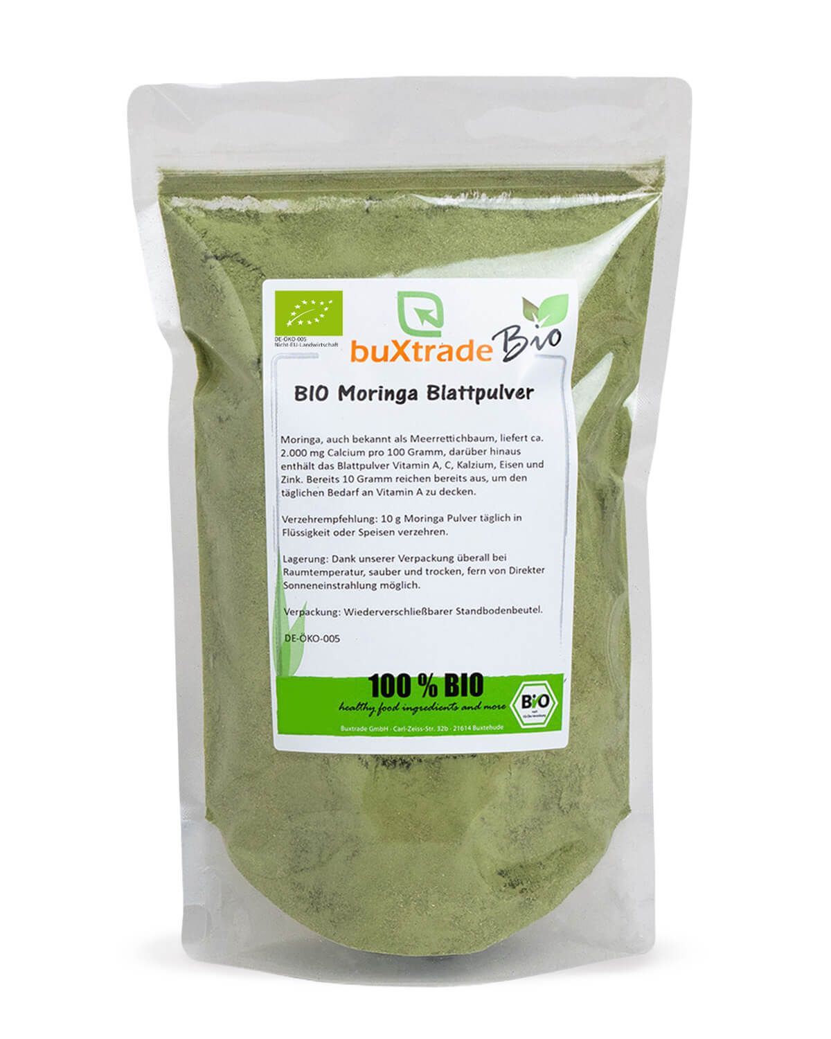 Verpackung mit buXtrade Bio Moringa Blattpulver, 100% Bio-Siegel und EU-Bio-Logo.
