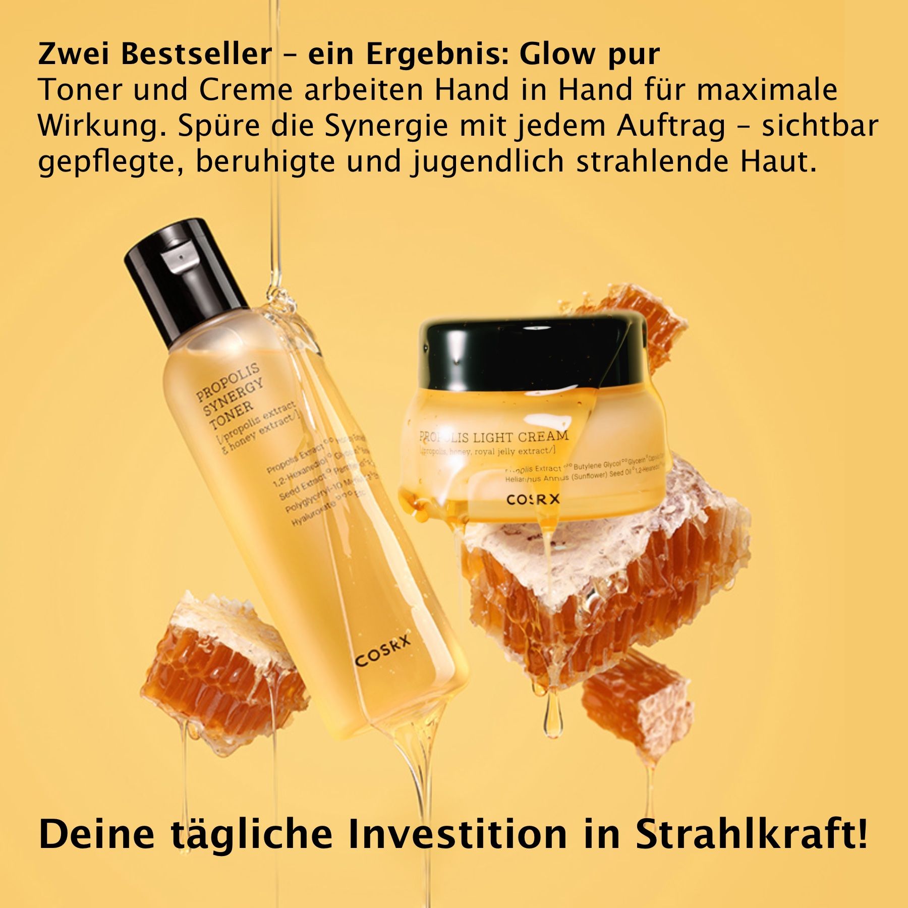 Toner-Flasche und Creme-Tiegel mit Honigwaben auf gelbem Hintergrund. Aufschrift: Propolis Synergy Toner und Propolis Light Cream. Marke: Cosrx.