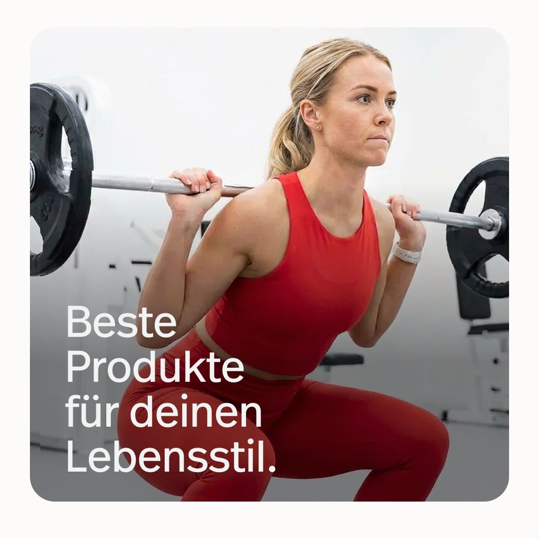 Frau beim Squat mit Langhantel im Fitnessstudio. Beste Produkte für deinen Lebensstil.