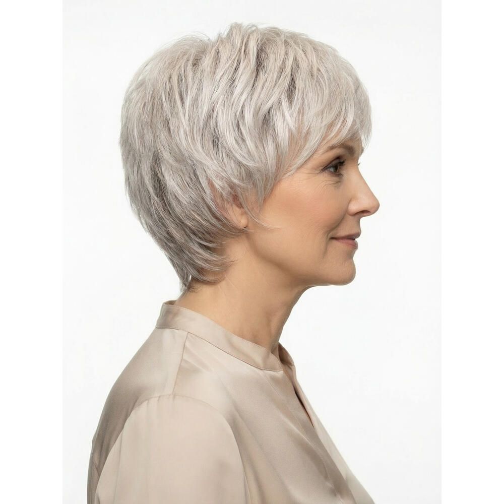 Kurzhaarperücke, grau-meliert, seitliche Ansicht einer Frau. Haarschnitt mit leichtem Volumen. Trägt ein helles Oberteil.
