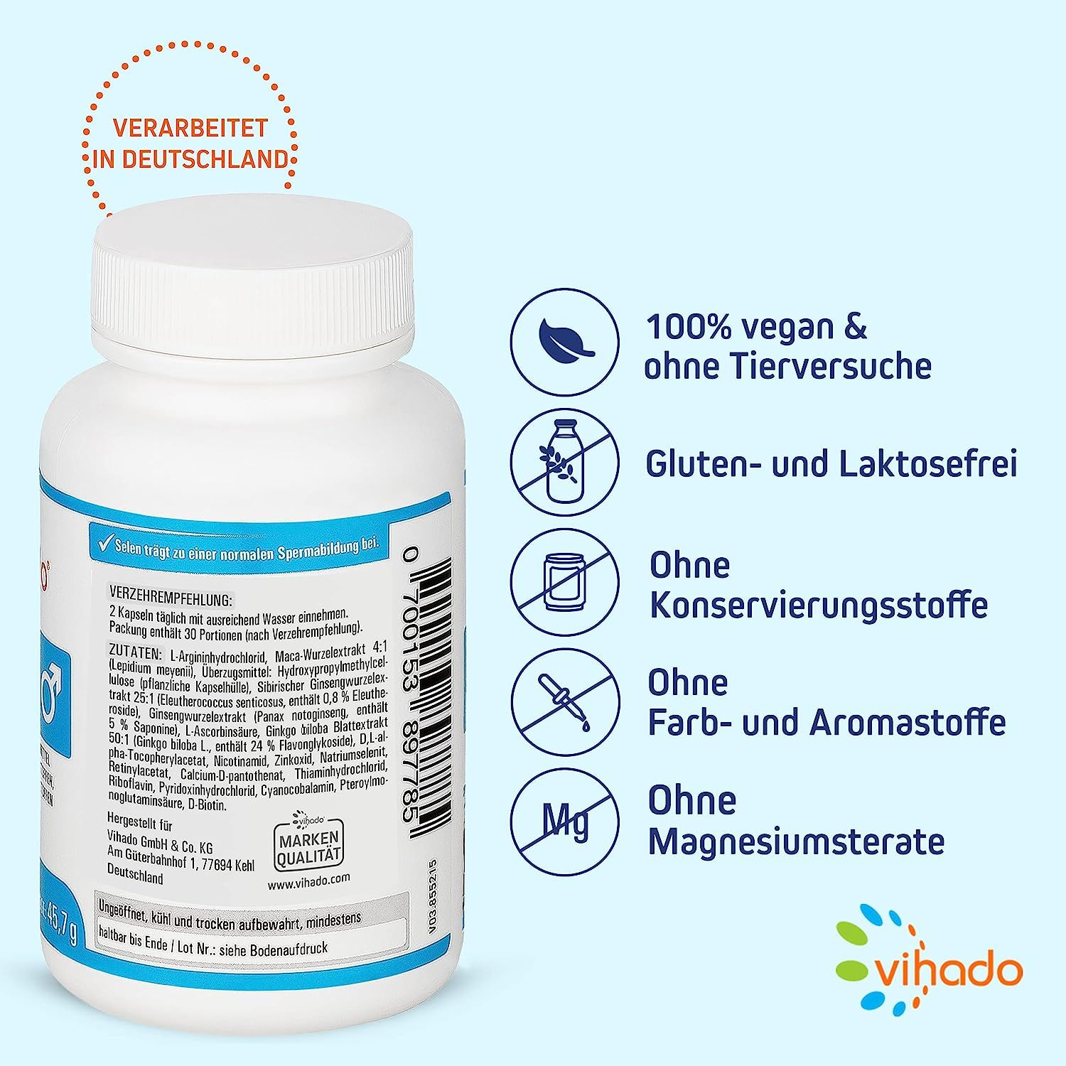 Weiße Flasche mit Vihado-Logo und Produktinformationen. Aufschrift: 100% vegan, gluten- und laktosefrei, ohne Konservierungsstoffe, Farb- und Aromastoffe, Magnesiumstearat.