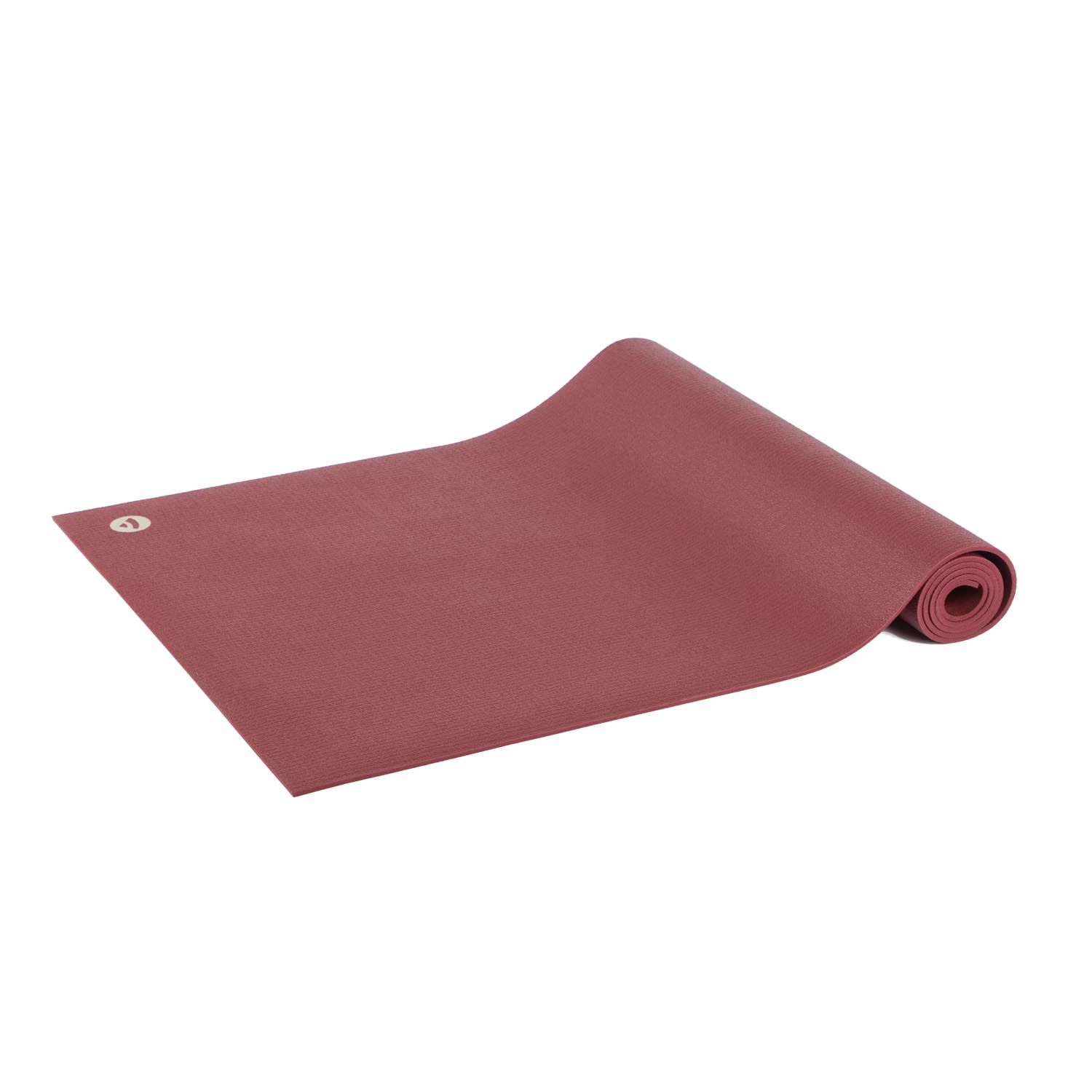 Bordeaux Yogamatte, teilweise gerollt. Logo am oberen Rand. Rechteckige Form.