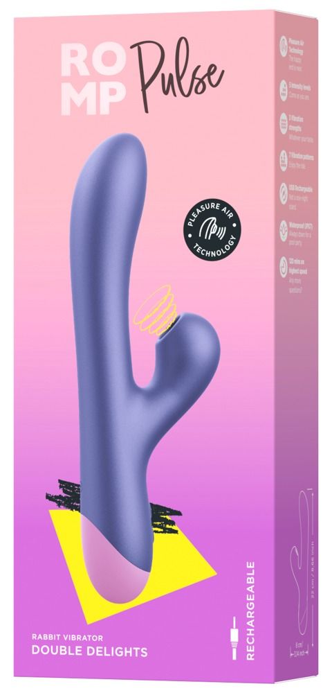 Verpackung für ROMP Pulse. Lila Vibrator mit rosa Spitze. Text: ROMP Pulse, Rechargeable, Double Delights, Pleasure Air Technology.