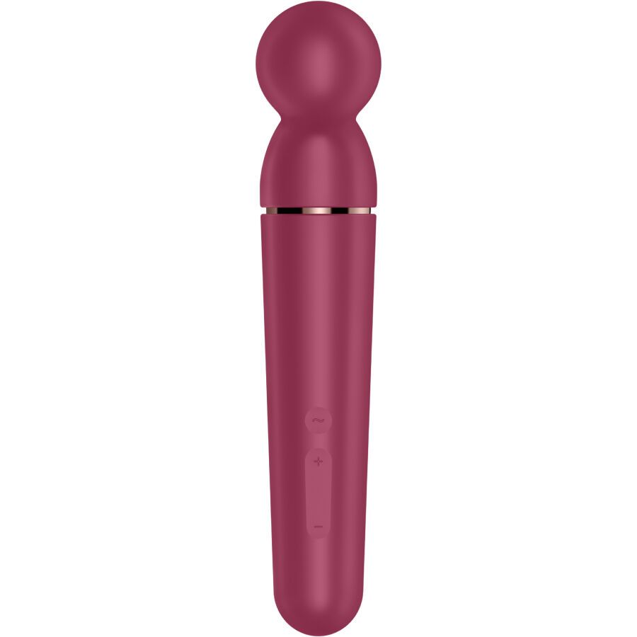 Bordeauxfarbener Vibrator mit rundem Kopf und zylindrischem Schaft. Silberfarbener Ring am Übergang. Drei Knöpfe.