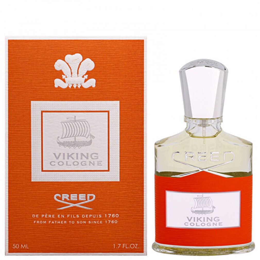 Flakon und Verpackung von Creed Viking Cologne. Orangefarbene Verpackung mit weißem Logo. Glasflakon mit silbernem Verschluss.
