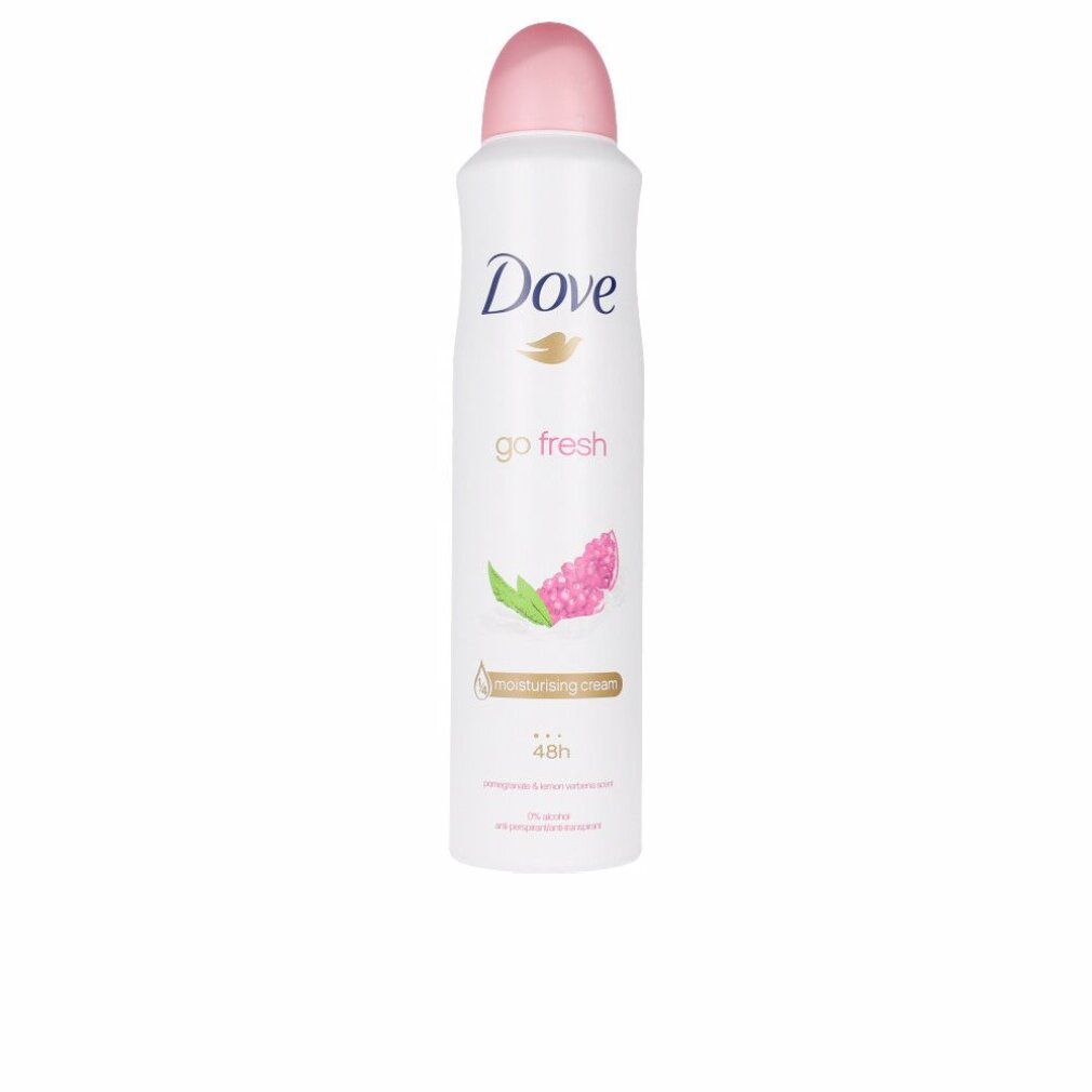 Weißes Deodorant mit rosa Kappe. Aufschrift Dove, go fresh und Abbildung einer Frucht. 48h Schutz.