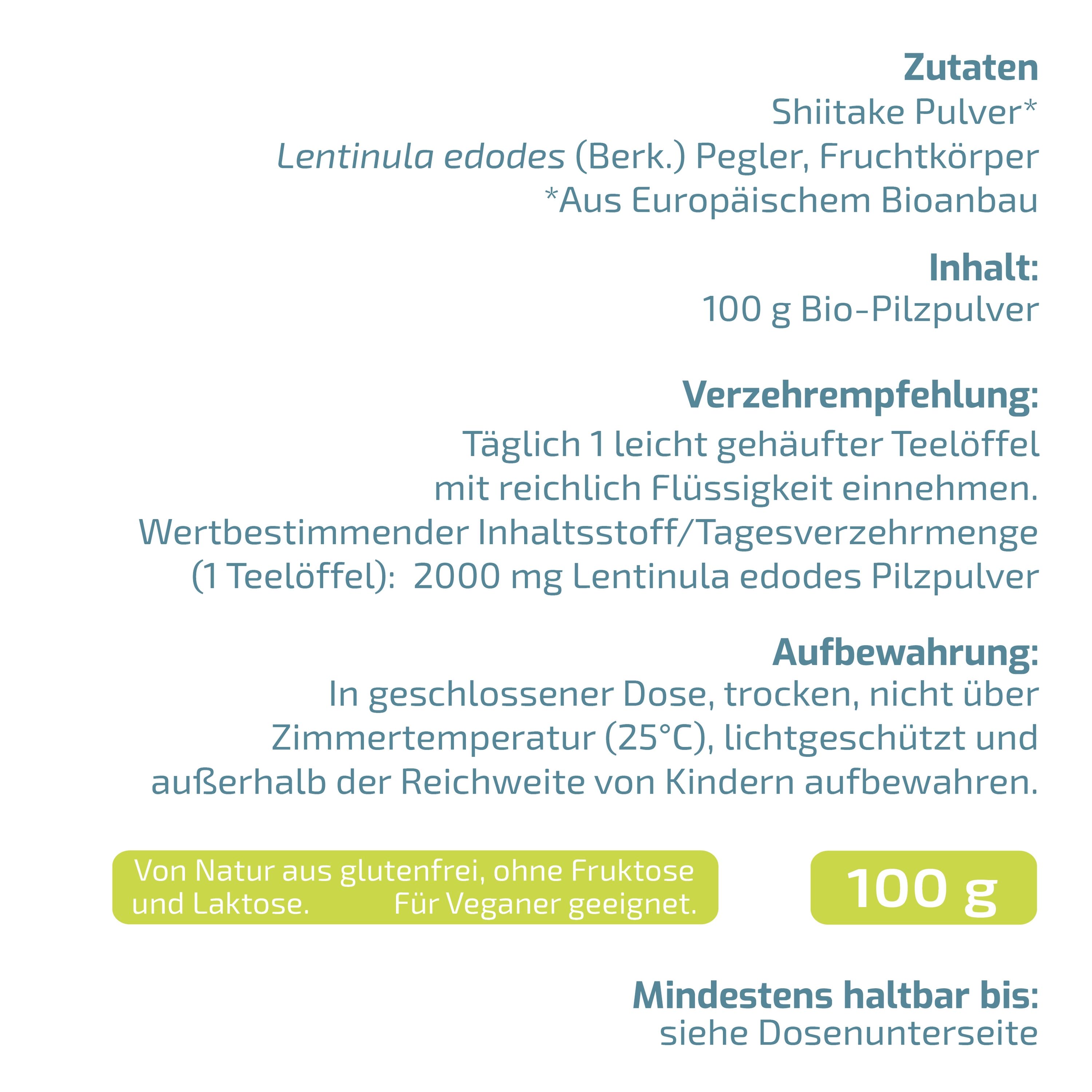 BEAUVITAL® Pure Bio Shiitake Pulver, Lentinula edodes aus EU-Anbau