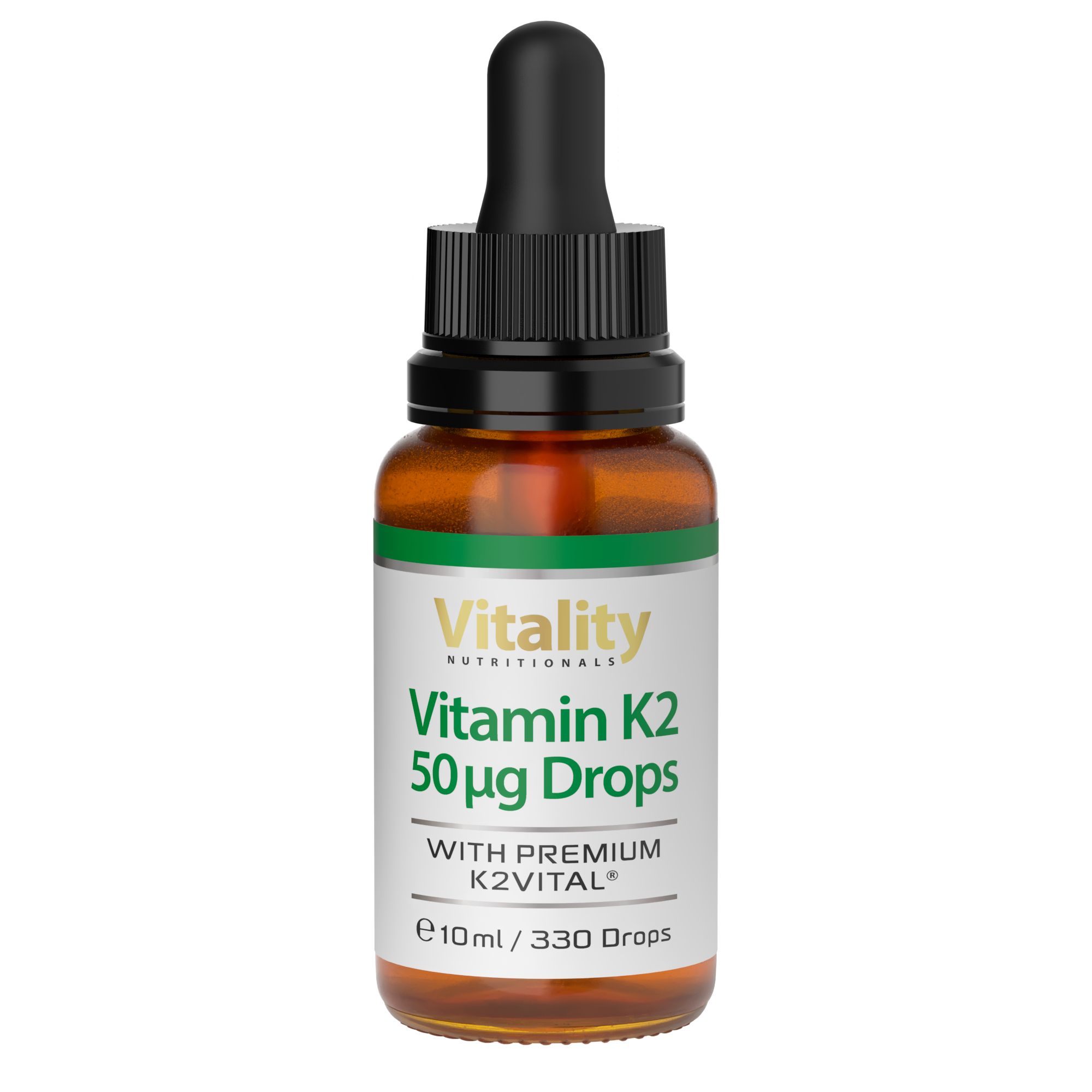 Braune Glasflasche mit schwarzem Tropfer. Etikett mit Text: Vitamin K2 50µg Drops, Vitality Nutritionals, K2VITAL.