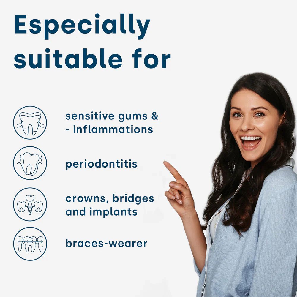 Frau zeigt auf Text: Geeignet für empfindliches Zahnfleisch, Parodontitis, Kronen, Brücken, Implantate und Zahnspangenträger.