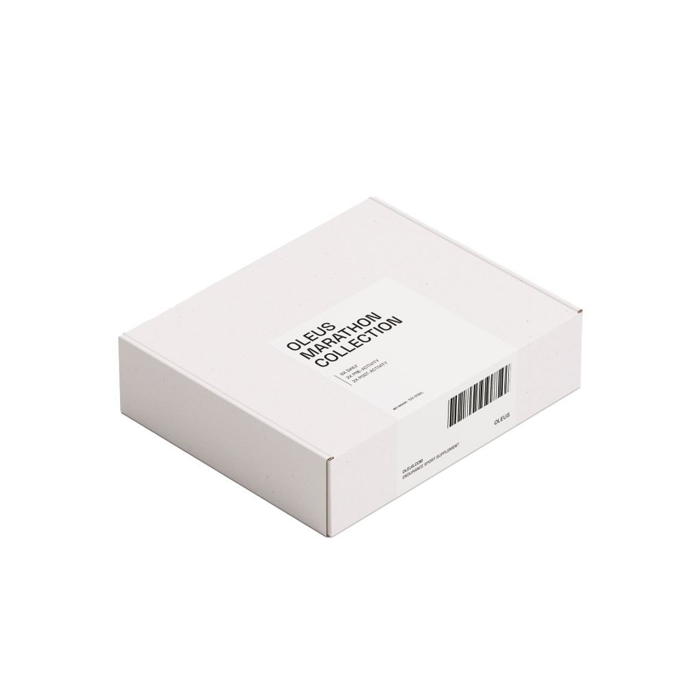 Weiße Produktverpackung mit Aufschrift OLEUS MARATHON COLLECTION und Barcode.