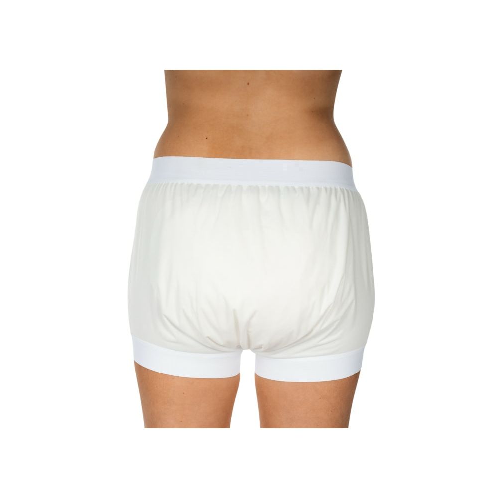 Weiße, kurze Unterhose mit elastischem Bund und Beinabschlüssen. Rückansicht.
