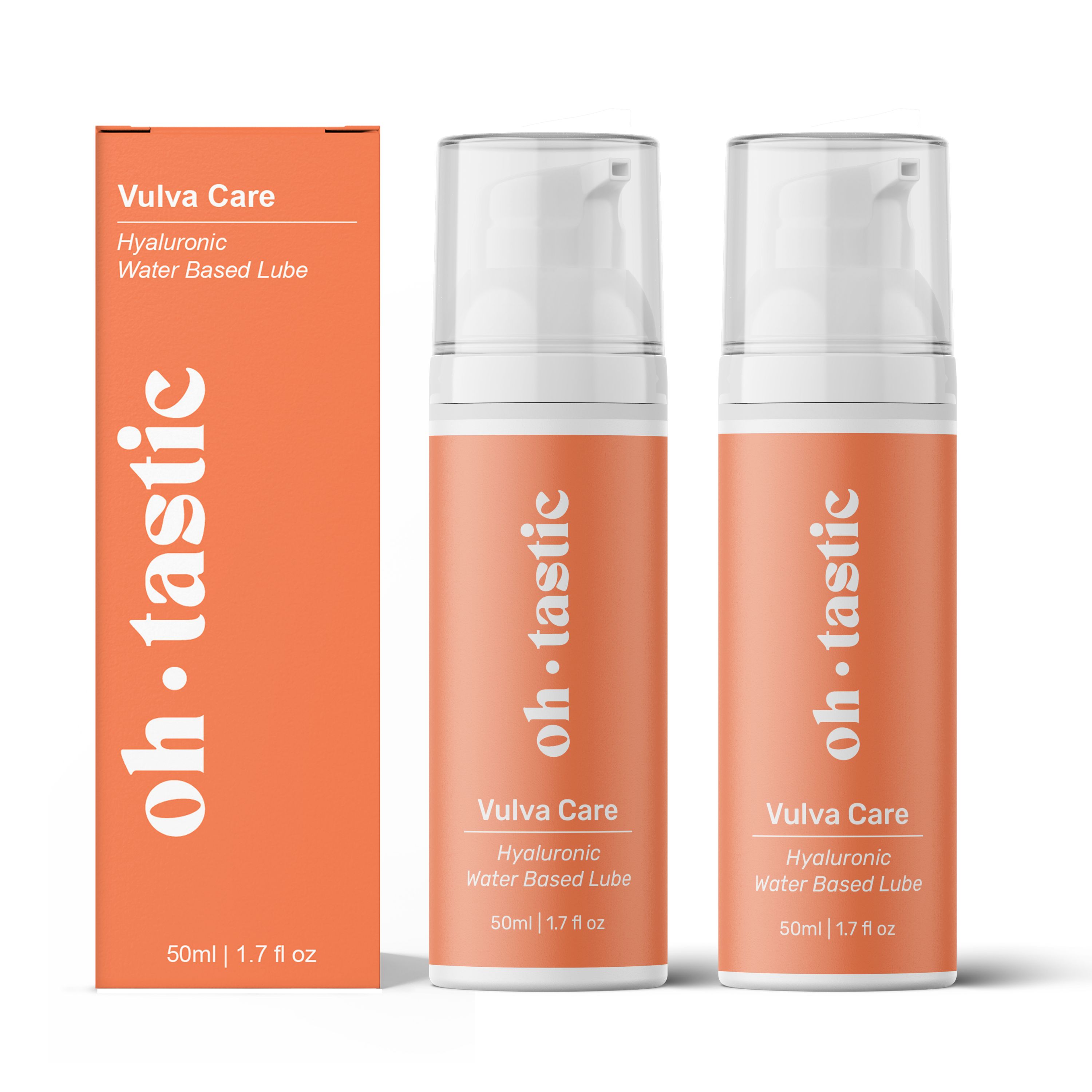 Zwei Flaschen und eine Schachtel. Aufschrift: oh.tastic, Vulva Care, Hyaluron Water Based Lube. Orangefarbene Etiketten.