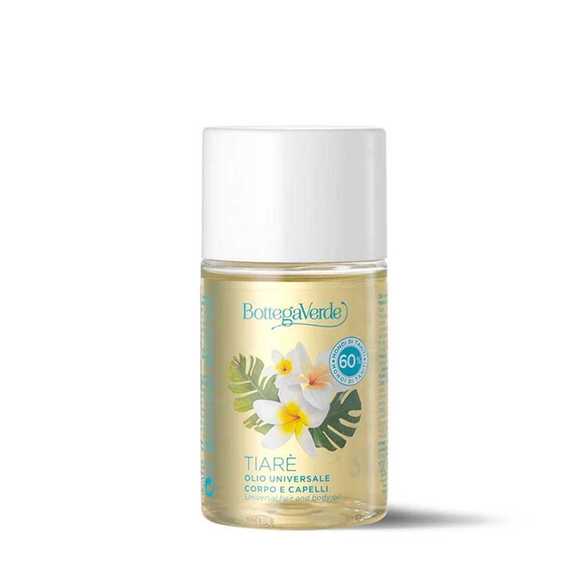Bottega Verde Tiaré olio universale corpo e capelli. Flacone cilindrico con tappo bianco. L'etichetta presenta fiori e foglie, insieme al marchio e al nome del prodotto. Contiene 60 ml.