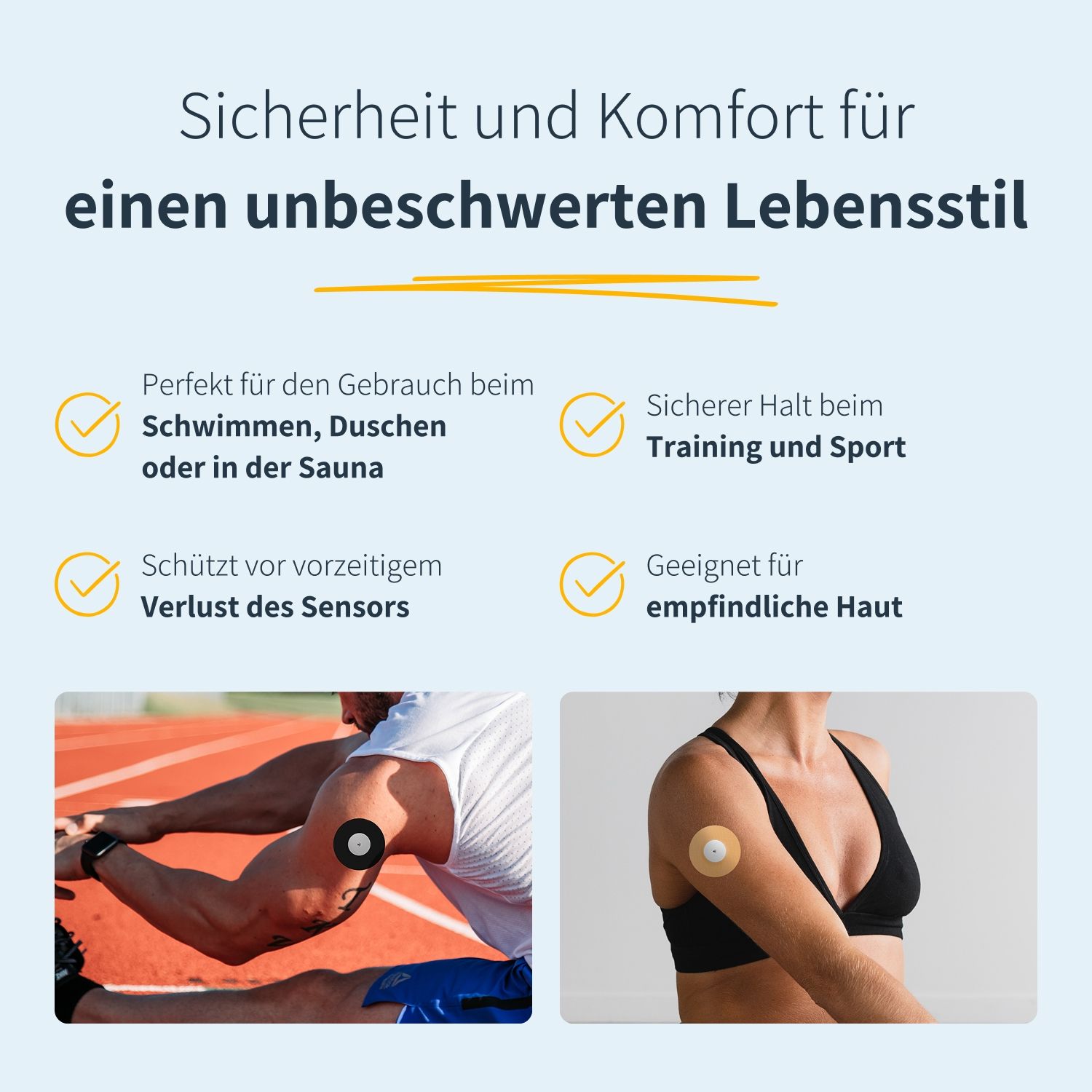 Zwei Fotos zeigen Personen mit einem Sensor am Arm. Text: Sicherheit und Komfort für einen unbeschwerten Lebensstil. Geeignet für empfindliche Haut.