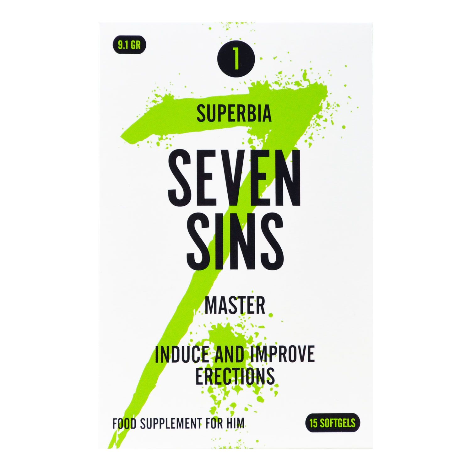Weiße Schachtel mit grüner Grafik und Text. Aufschrift: SUPERBIA SEVEN SINS MASTER. 15 Softgels.