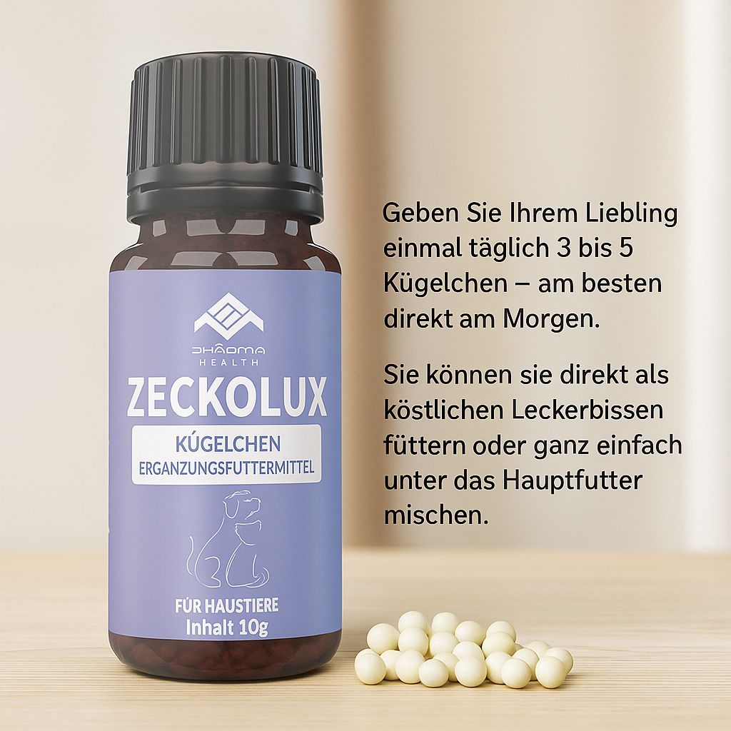 Braune Glasflasche mit schwarzem Deckel und Kügelchen daneben. Auf dem Etikett steht "Pharma Health Zeckolux Kügelchen für Haustiere".