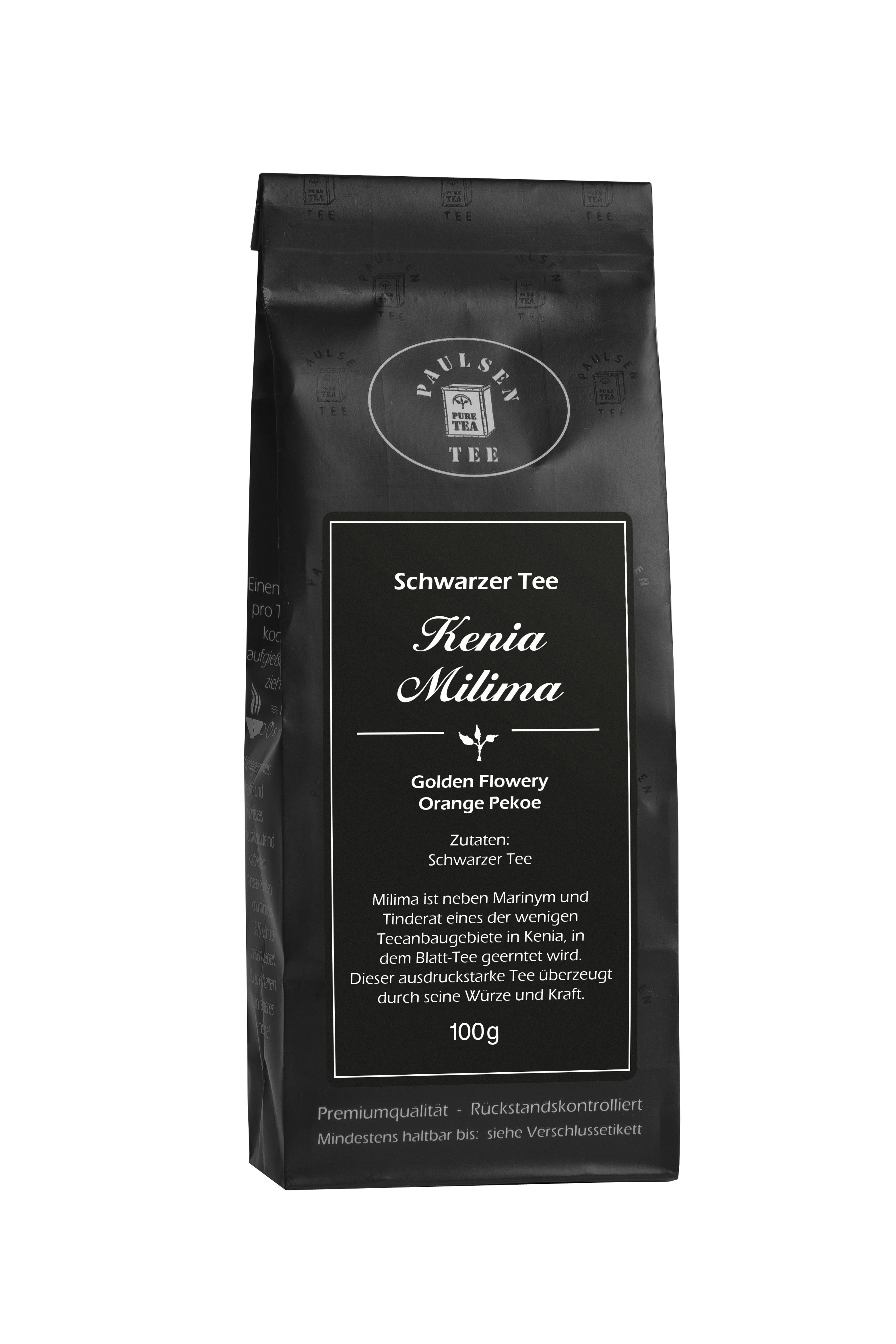Schwarzer Tee Kenia Milima in schwarzer Verpackung. Mit Logo und Text. 100g.