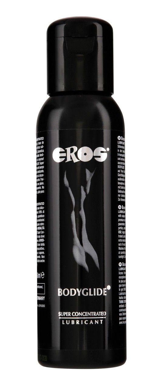 Schwarze Flasche mit "EROS"-Logo und "BODYGLIDE"-Schriftzug. "SUPER CONCENTRATED LUBRICANT" darunter. Flaschenverschluss oben. Text auf der Seite.