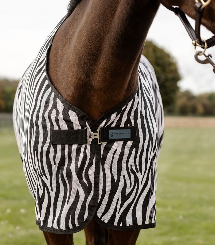 Nahaufnahme der Pferdedecke mit Zebra-Muster. Schwarze und weiße Streifen. Schwarzer Verschluss mit Logo.