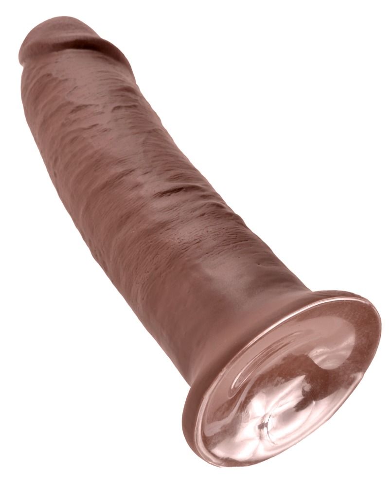 Dildo marrone, superficie realistica, base a ventosa. Vista obliqua.