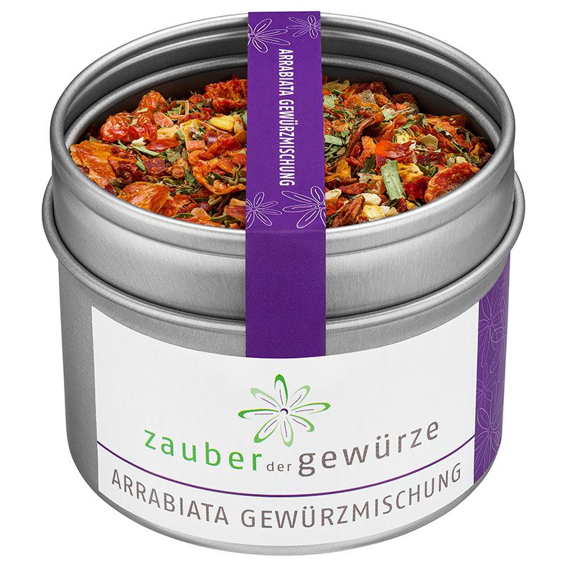 Arrabiata Gewürzmischung in Dose. Lila Band mit Schriftzug. Dose mit Kräutern gefüllt. Zauber der Gewürze Logo.