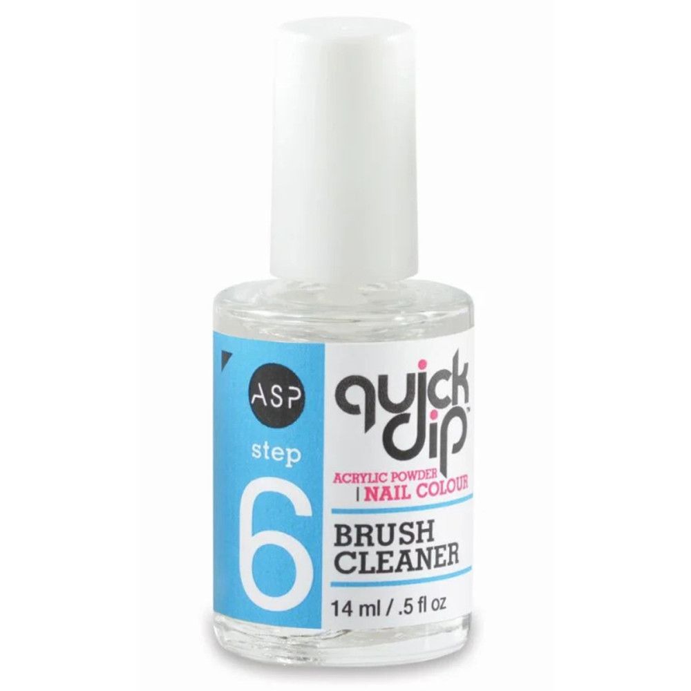 Klare Flüssigkeit in einer Glasflasche mit weißem Deckel. Aufschrift: ASP Quick Dip Brush Cleaner. Volumen: 14 ml.