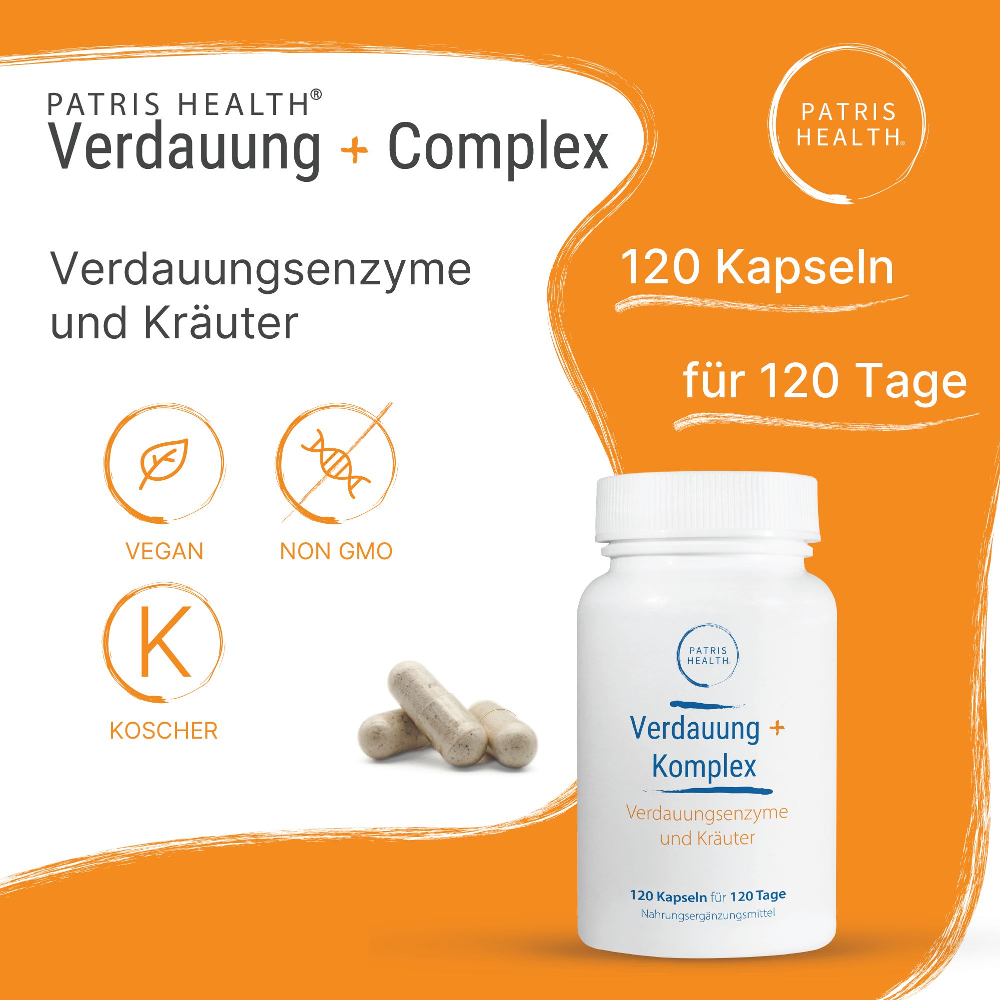 Weiße Flasche mit Kapseln. Aufschrift: Patris Health Verdauung+ Komplex, 120 Kapseln. Vegan, Non-GMO, Koscher.