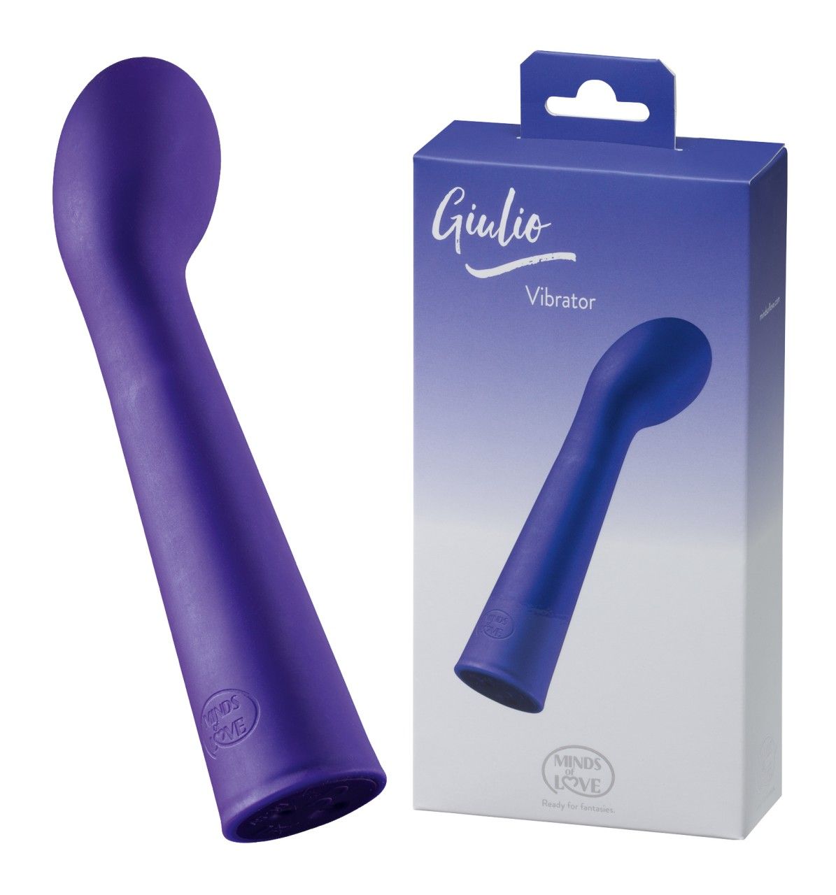 Lilafarbener Vibrator neben Verpackung. Aufschrift "Giulio Vibrator" und Logo "MINDS of LOVE".