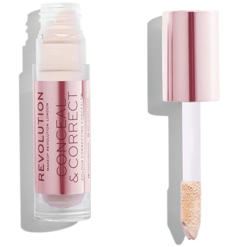 Concealer-Fläschchen mit geöffnetem Deckel und Applikator. Rosa-goldene Verpackung.